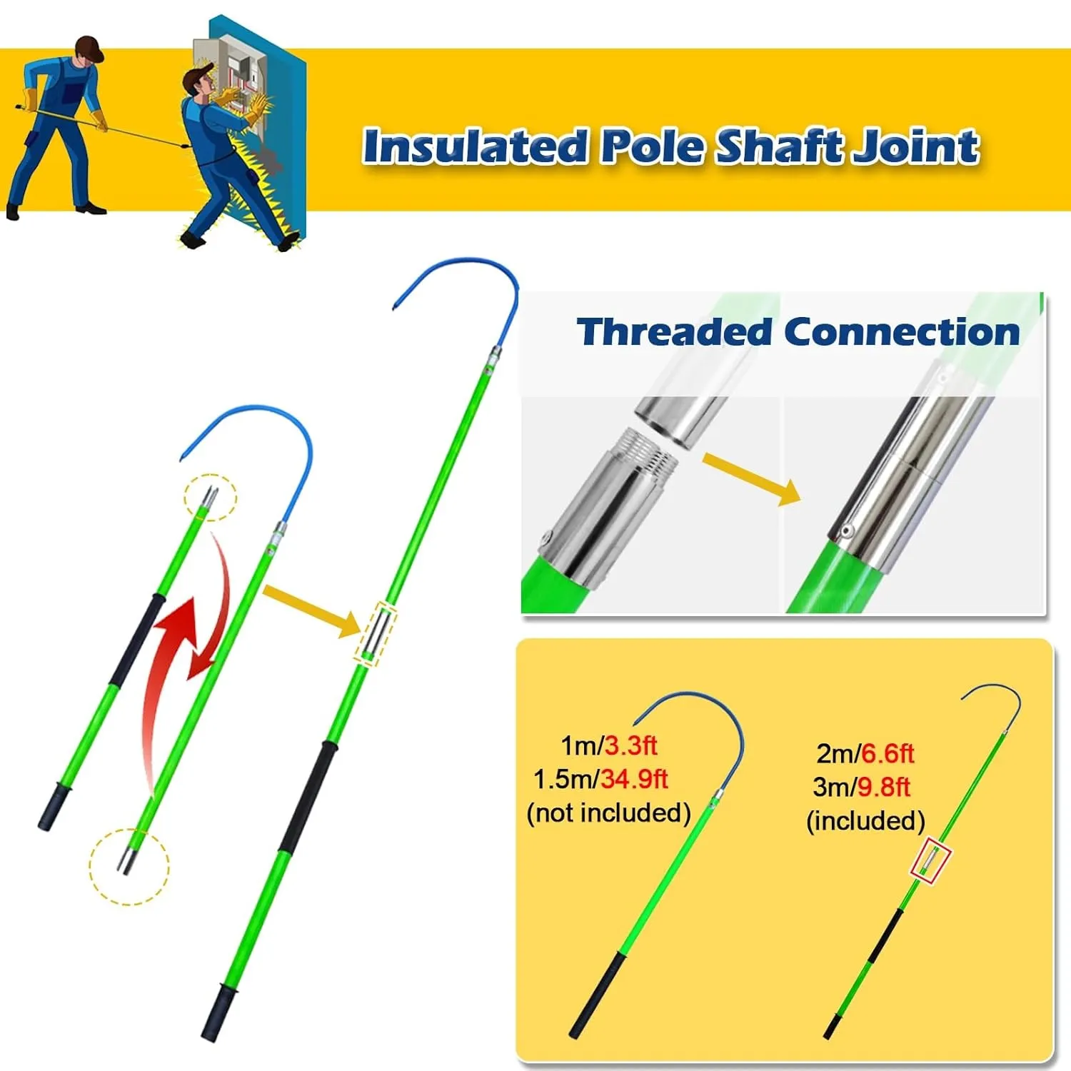 3.3Ft 4.9Ft 6.6Ft 9.8Feet Insulated Electrical Rescue Hook, Anti Electric Shock Rescue Pole/Safety Electrical Personal Rescue Stick, High Voltage Insulated Security Tools Rod(Yellow,3.3ft/39.4in/1m)