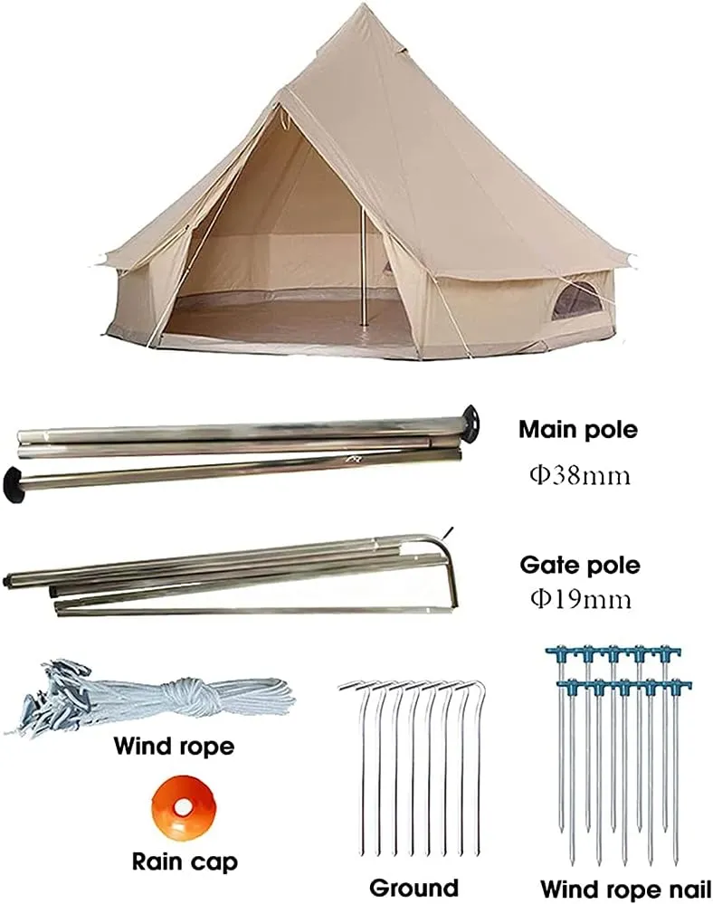 3/4/5/6m Camping Bell Tent 4-Season Heavy Duty Family Tent Outdoor Hiking Hunting Yurt Tent with Zipped Groundsheet and Chimney, Khaki