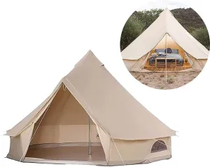 3/4/5/6m Camping Bell Tent 4-Season Heavy Duty Family Tent Outdoor Hiking Hunting Yurt Tent with Zipped Groundsheet and Chimney, Khaki