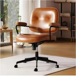 360° Swivel Home Office Chair Ergonomic Leather Computer Chair w/Tiltable Back and Armrests Comfortable Upholstered Desk Chair Adjustable Height 82-90cm Task Chair, Coffee
