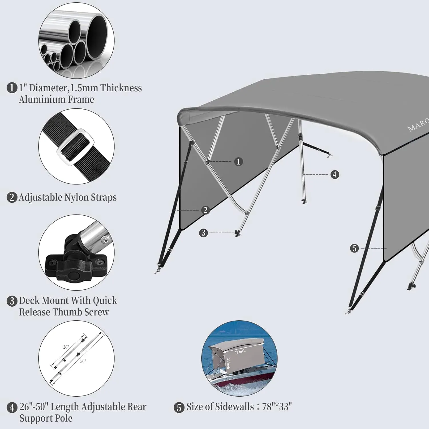 4 Bow Bimini Tops for Boat Cover with 1” Aluminum Alloy Frame, Include 2 Straps, 2 Adjustable Rear Support Pole, Zippered Storage Boot, PU Coating Canvas（8'L x 54" H x 91"-96" W ，Gray ）