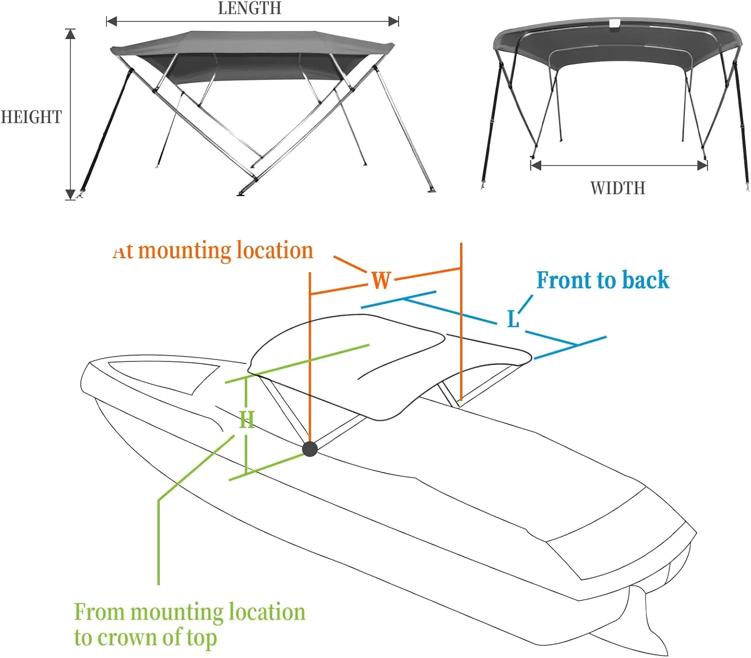 4 Bow Bimini Tops for Boat Cover with 1” Aluminum Alloy Frame, Include 2 Straps, 2 Adjustable Rear Support Pole, Zippered Storage Boot, PU Coating Canvas（8'L x 54" H x 91"-96" W ，Gray ）