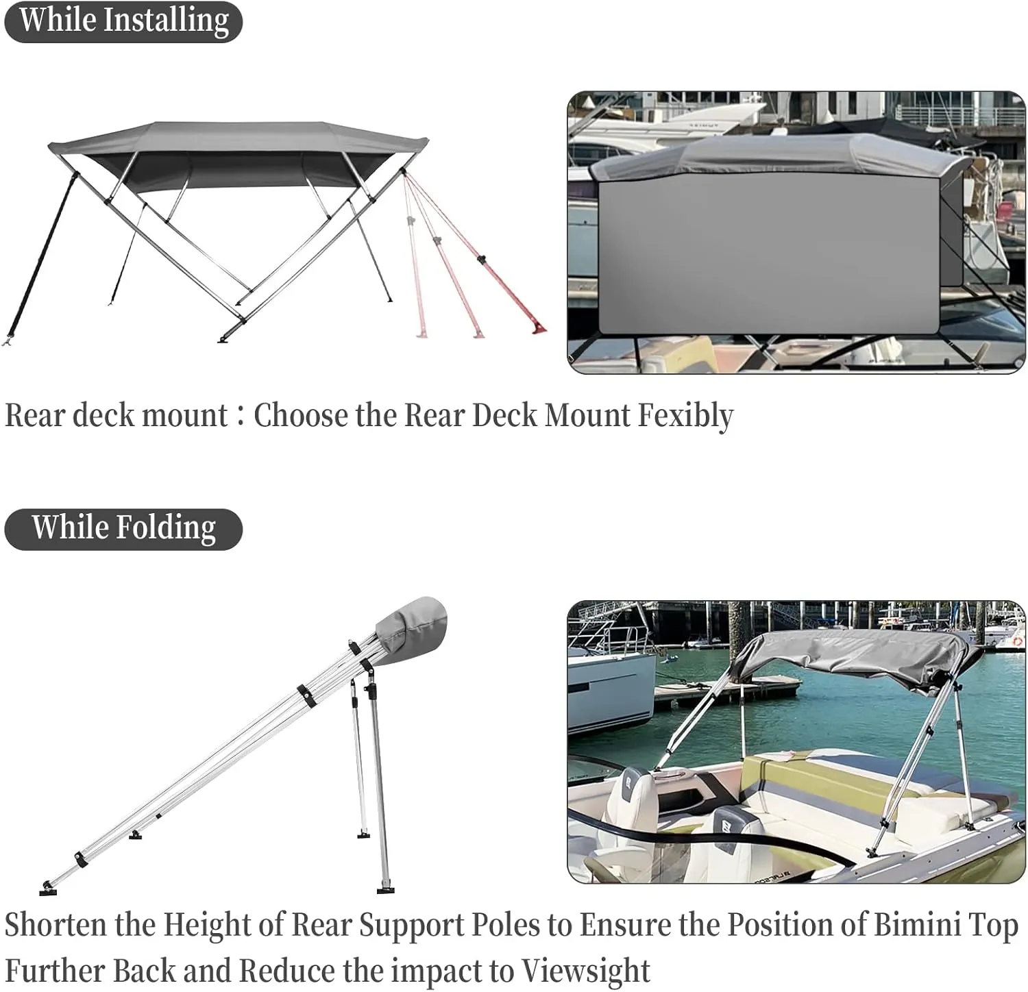 4 Bow Bimini Tops for Boat Cover with 1” Aluminum Alloy Frame, Include 2 Straps, 2 Adjustable Rear Support Pole, Zippered Storage Boot, PU Coating Canvas（8'L x 54" H x 91"-96" W ，Gray ）