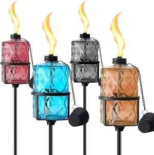 4 Pack Colorful Glass Garden Torch 12 oz Outdoor Torch Garden Décor,60-Inch Upgraded Citronella Torches with 3-Prong Grounded Stake for Party Patio Pathway