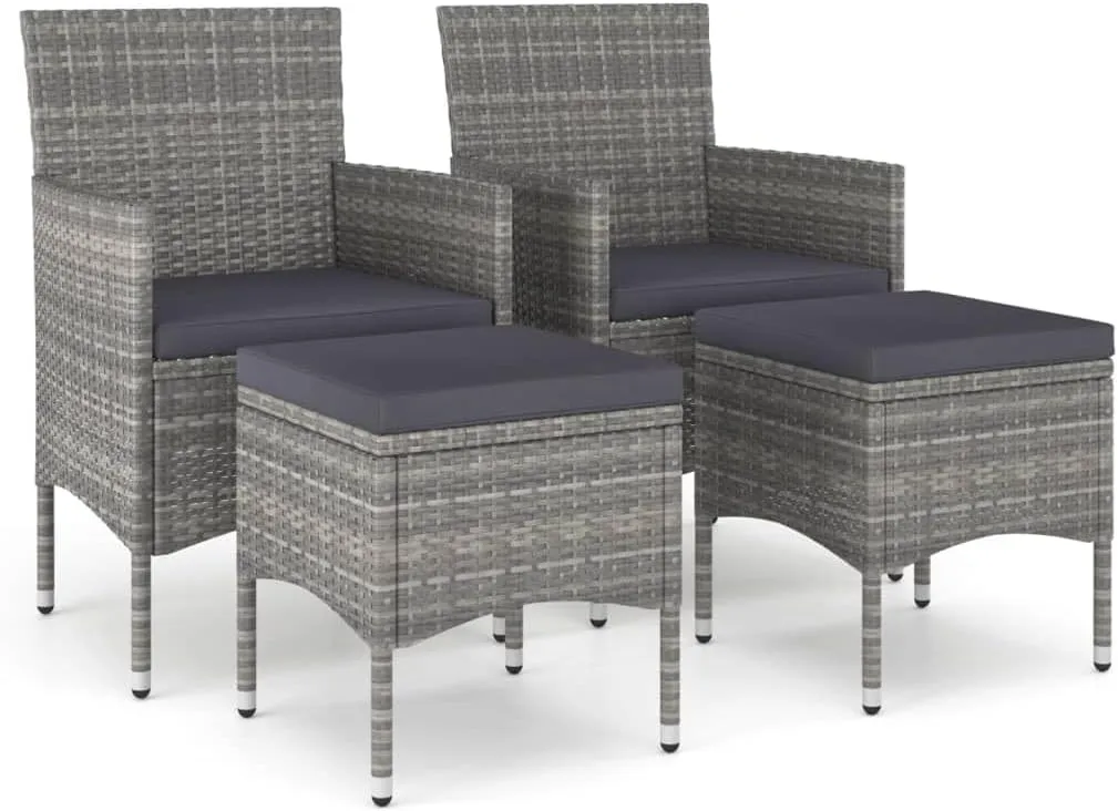 4-Piece Patio Chair and Stool Set Gray PE Rattan Outdoor Furniture, Steel Frame Lounge Chairs with Cream Cushions for Backyard Garden Poolside