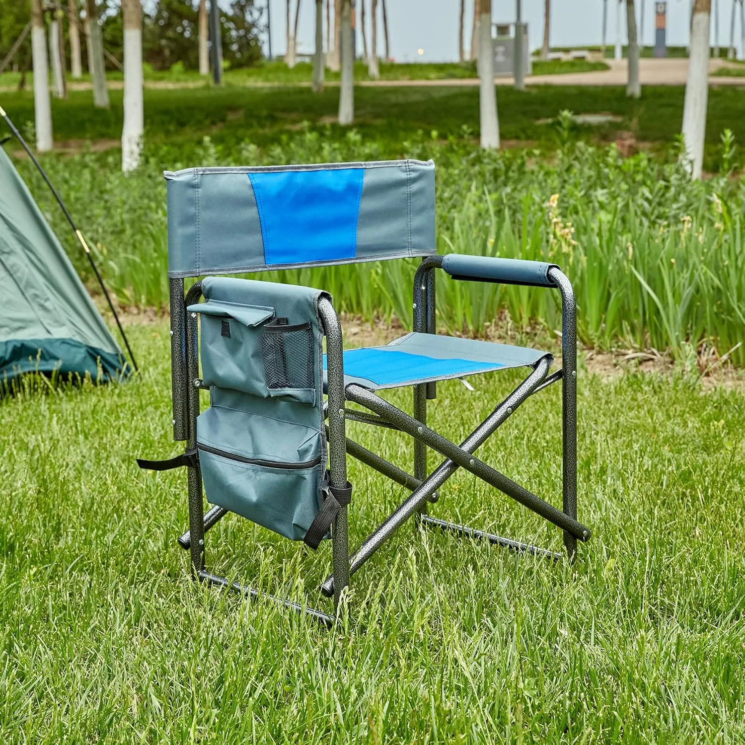 400LBS Folding Outdoor Chair with Side Table & Storage Pockets, Lightweight Aluminum Oversized Camping Chair for Fishing - Padded Seat/Armrests & Weather-Resistant Oxford Fabric (1, Blue Grey)