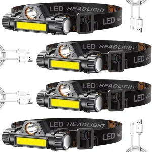 4Pcs LED Head Lamp Super Bright Rechargeable Headlamp Adjustable 2 Modes Lightweight Head Lamp with Magnetic Function Waterproof Head Torch for Running Camping Fishing Working Outdoor