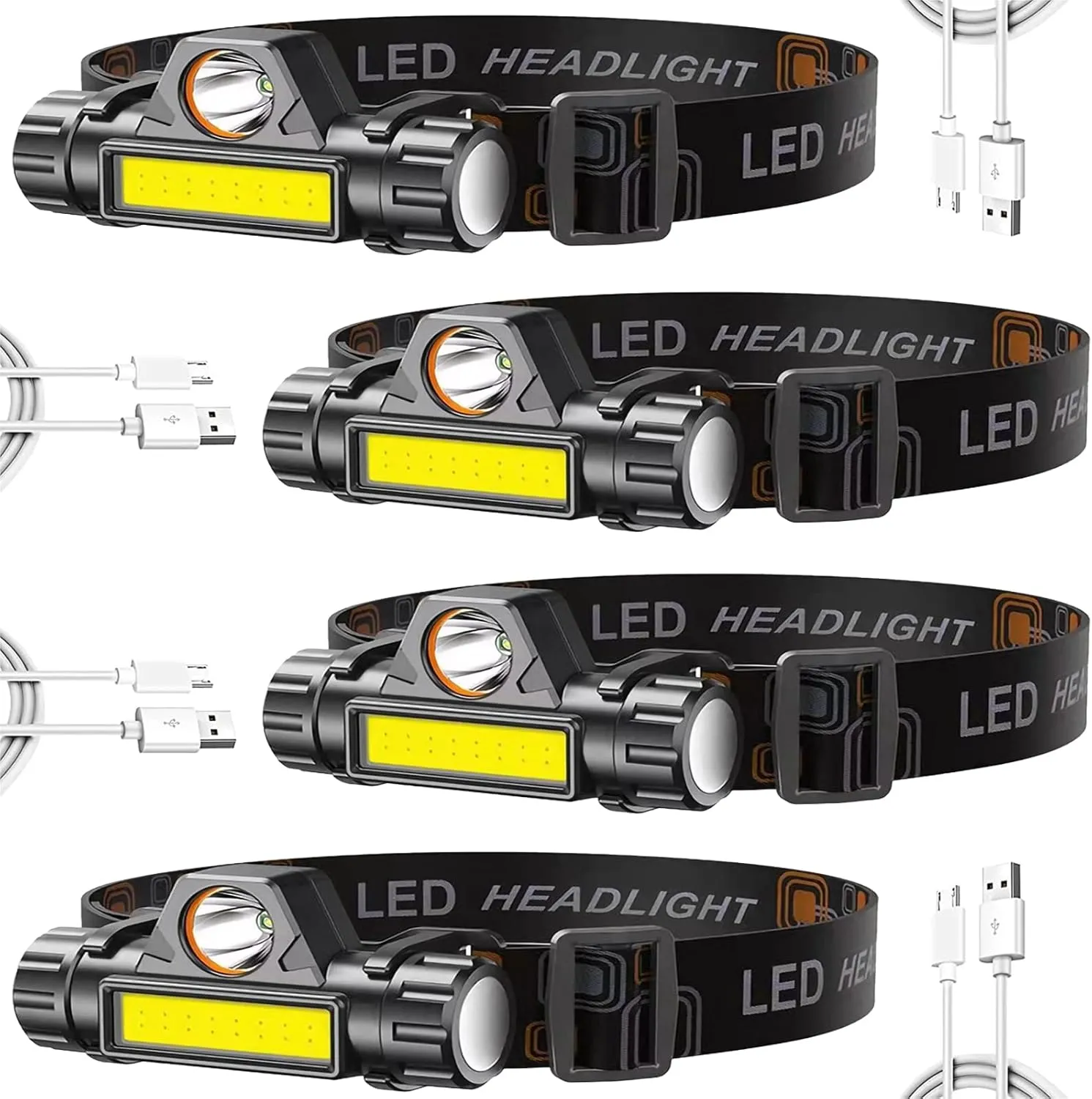 4Pcs LED Head Lamp Super Bright Rechargeable Headlamp Adjustable 2 Modes Lightweight Head Lamp with Magnetic Function Waterproof Head Torch for Running Camping Fishing Working Outdoor