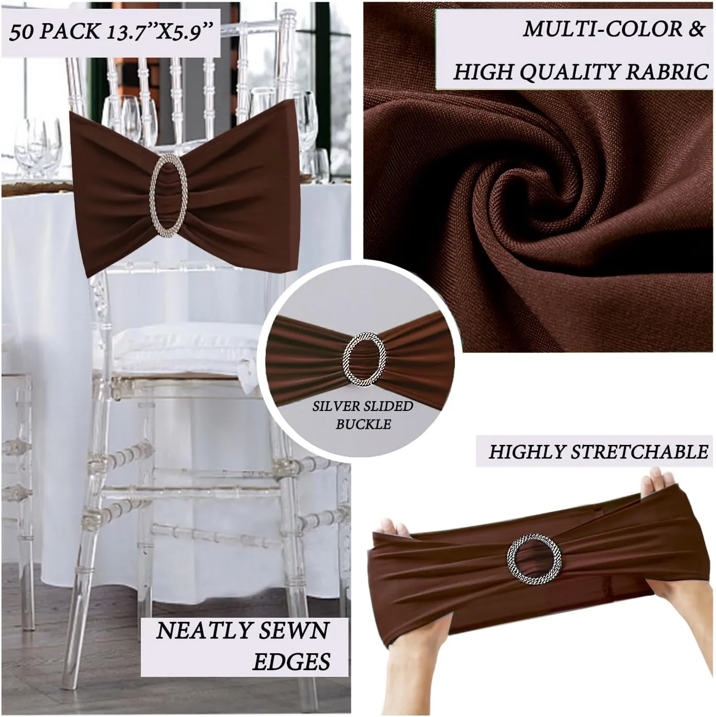 50 Pack Spandex Brown Chair Sashes for Wedding Decorations, Premium Stretch Chair Bows Bands with Buckle Slider Chair Ties Sashes for Folding Chairs Baby Shower Decor