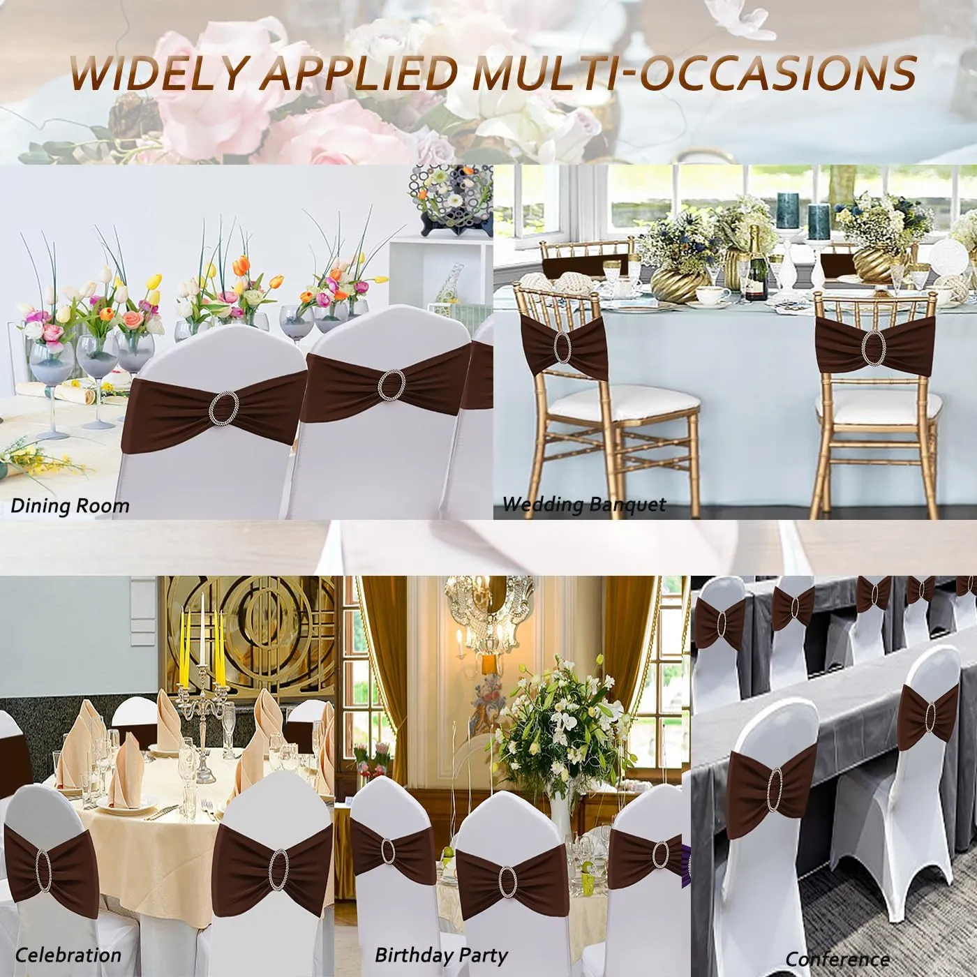 50 Pack Spandex Brown Chair Sashes for Wedding Decorations, Premium Stretch Chair Bows Bands with Buckle Slider Chair Ties Sashes for Folding Chairs Baby Shower Decor