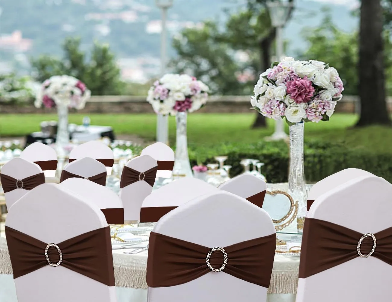 50 Pack Spandex Brown Chair Sashes for Wedding Decorations, Premium Stretch Chair Bows Bands with Buckle Slider Chair Ties Sashes for Folding Chairs Baby Shower Decor
