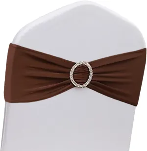 50 Pack Spandex Brown Chair Sashes for Wedding Decorations, Premium Stretch Chair Bows Bands with Buckle Slider Chair Ties Sashes for Folding Chairs Baby Shower Decor