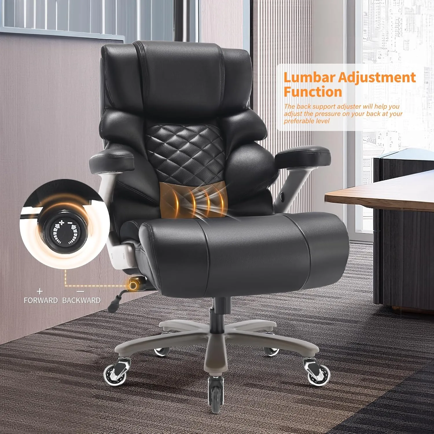 500lbs Big and Tall Office Chair-Large Computer Chair with Adjustable Lumbar Support 3D Flip Arms Plus Size Wheels, High Back Executive Desk Chair, Heavy Duty Metal Base, Thick Padded Wide Seat