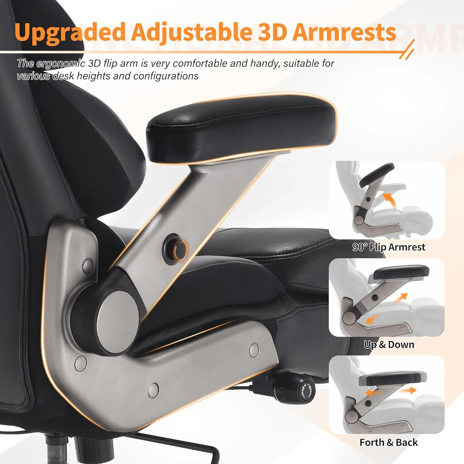 500lbs Big and Tall Office Chair-Large Computer Chair with Adjustable Lumbar Support 3D Flip Arms Plus Size Wheels, High Back Executive Desk Chair, Heavy Duty Metal Base, Thick Padded Wide Seat