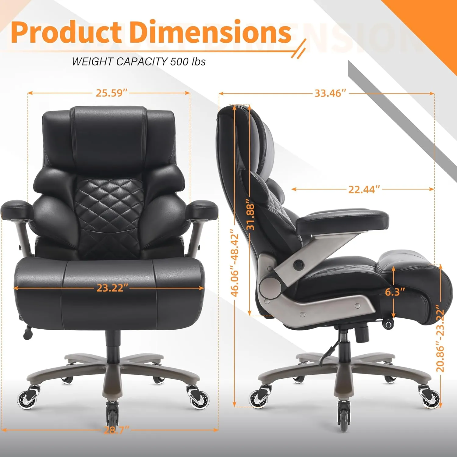 500lbs Big and Tall Office Chair-Large Computer Chair with Adjustable Lumbar Support 3D Flip Arms Plus Size Wheels, High Back Executive Desk Chair, Heavy Duty Metal Base, Thick Padded Wide Seat