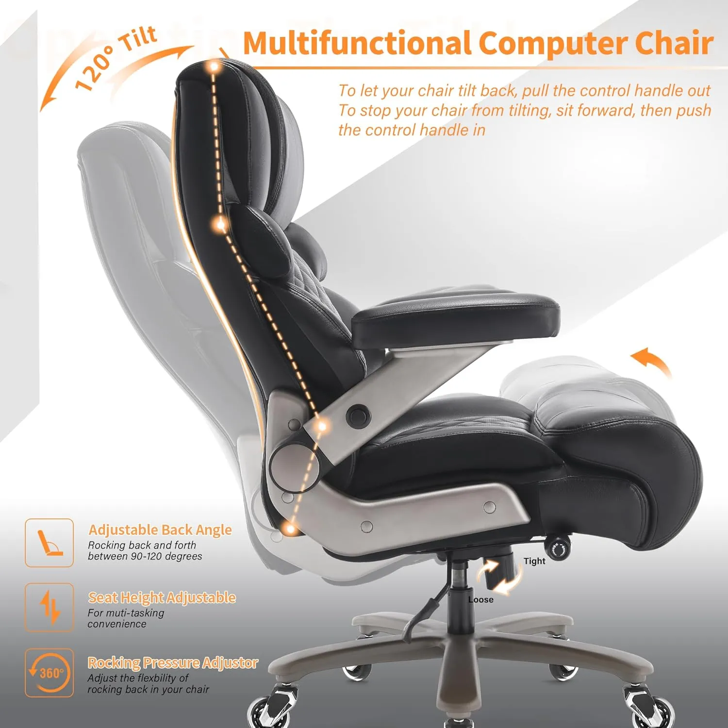 500lbs Big and Tall Office Chair-Large Computer Chair with Adjustable Lumbar Support 3D Flip Arms Plus Size Wheels, High Back Executive Desk Chair, Heavy Duty Metal Base, Thick Padded Wide Seat
