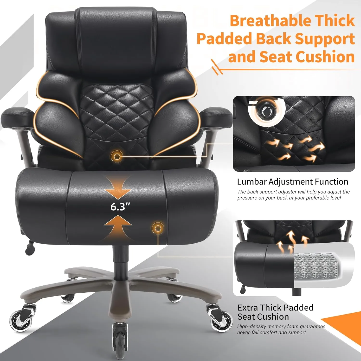 500lbs Big and Tall Office Chair-Large Computer Chair with Adjustable Lumbar Support 3D Flip Arms Plus Size Wheels, High Back Executive Desk Chair, Heavy Duty Metal Base, Thick Padded Wide Seat