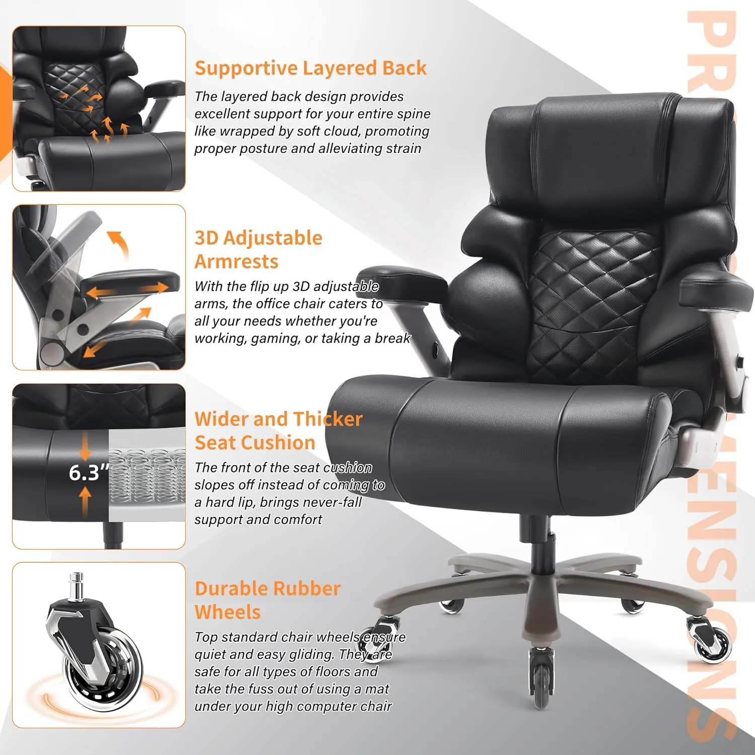 500lbs Big and Tall Office Chair-Large Computer Chair with Adjustable Lumbar Support 3D Flip Arms Plus Size Wheels, High Back Executive Desk Chair, Heavy Duty Metal Base, Thick Padded Wide Seat