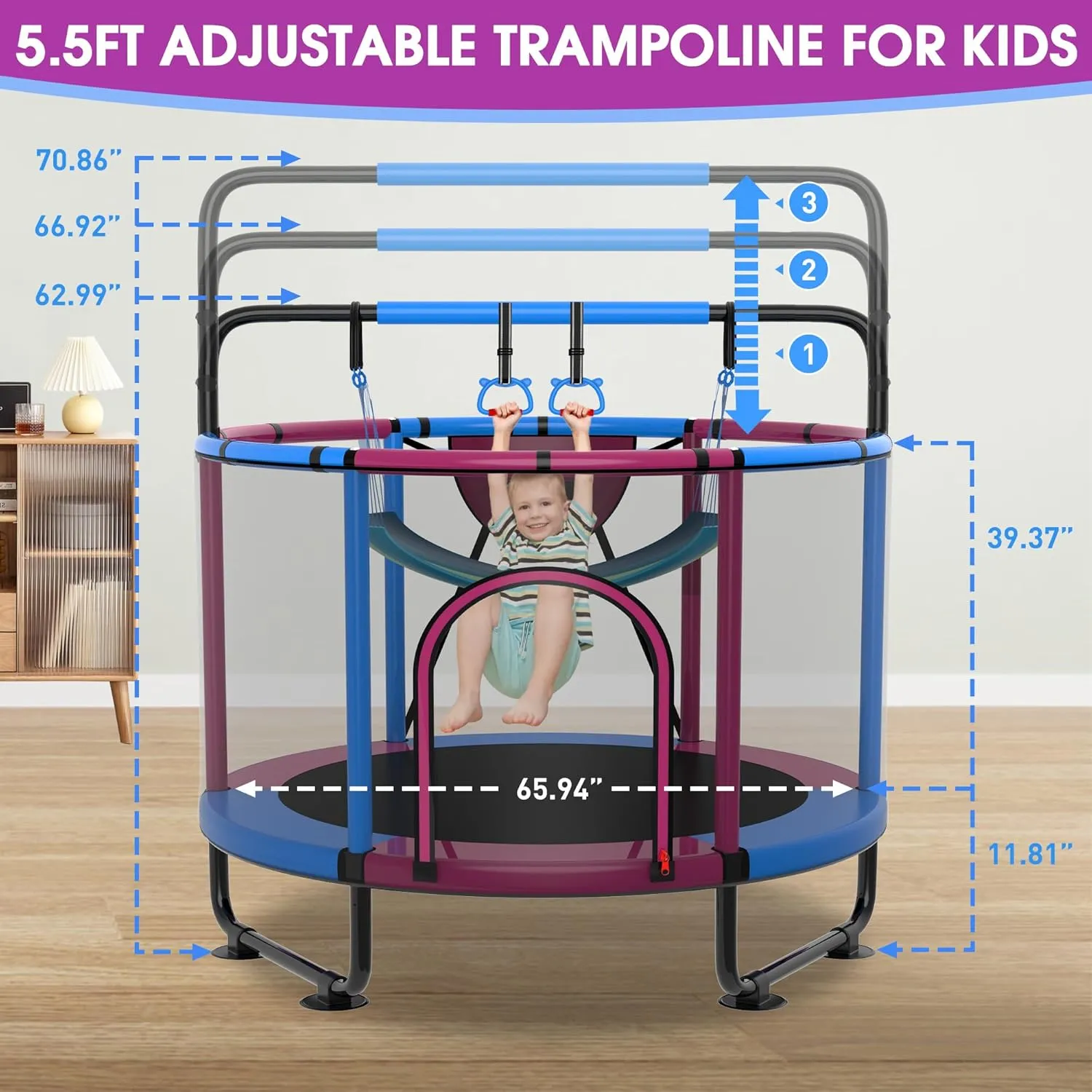 54"/60''/66" Mini Trampoline for Kids Ages 3 , 400LBS No-Gap Toddler Trampoline with Net, Swing, Adjustable Gymnastics Bars, Basketball Hoop, Indoor/Outdoor Trampoline, Boys & Girls Gifts Toys