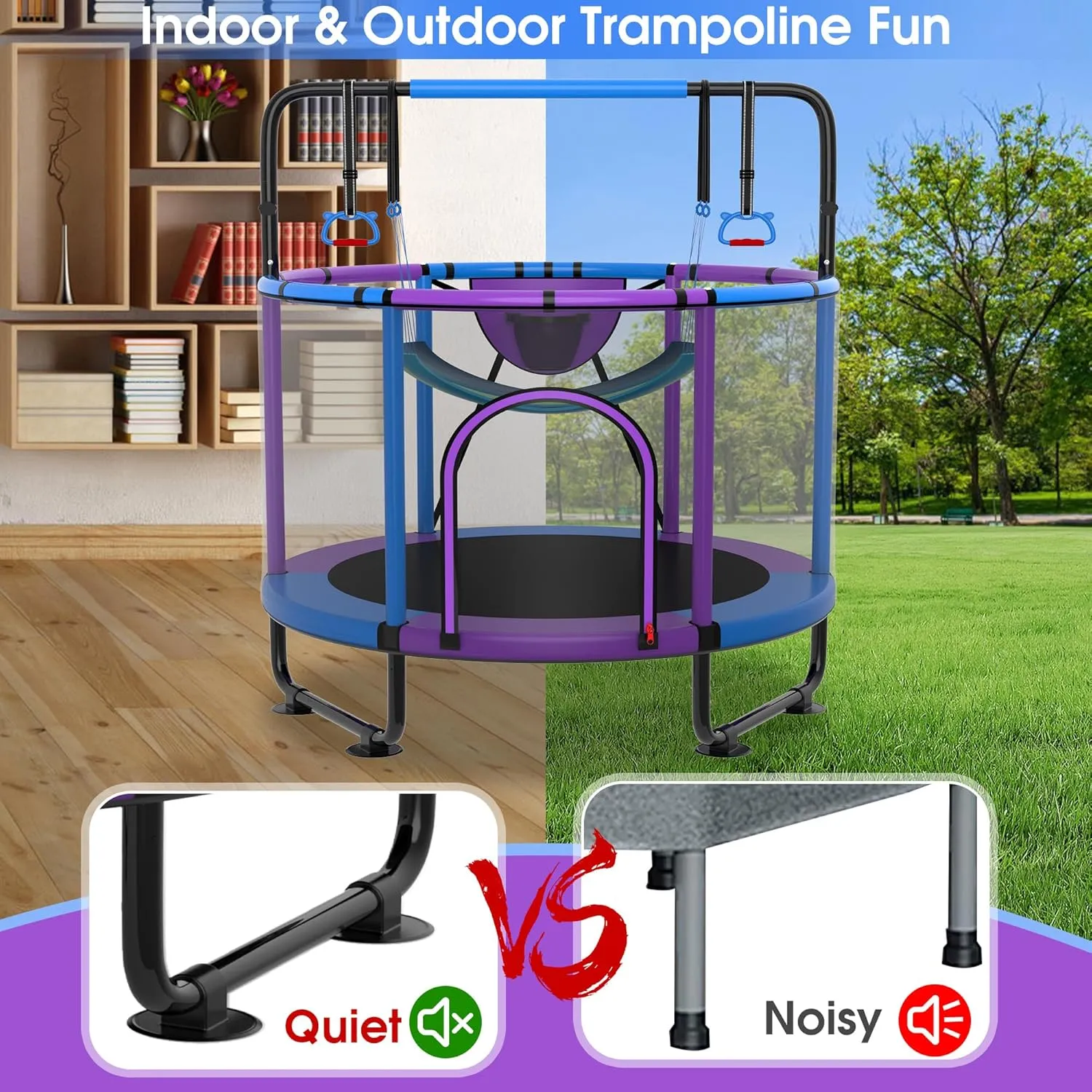 54"/60''/66" Mini Trampoline for Kids Ages 3 , 400LBS No-Gap Toddler Trampoline with Net, Swing, Adjustable Gymnastics Bars, Basketball Hoop, Indoor/Outdoor Trampoline, Boys & Girls Gifts Toys