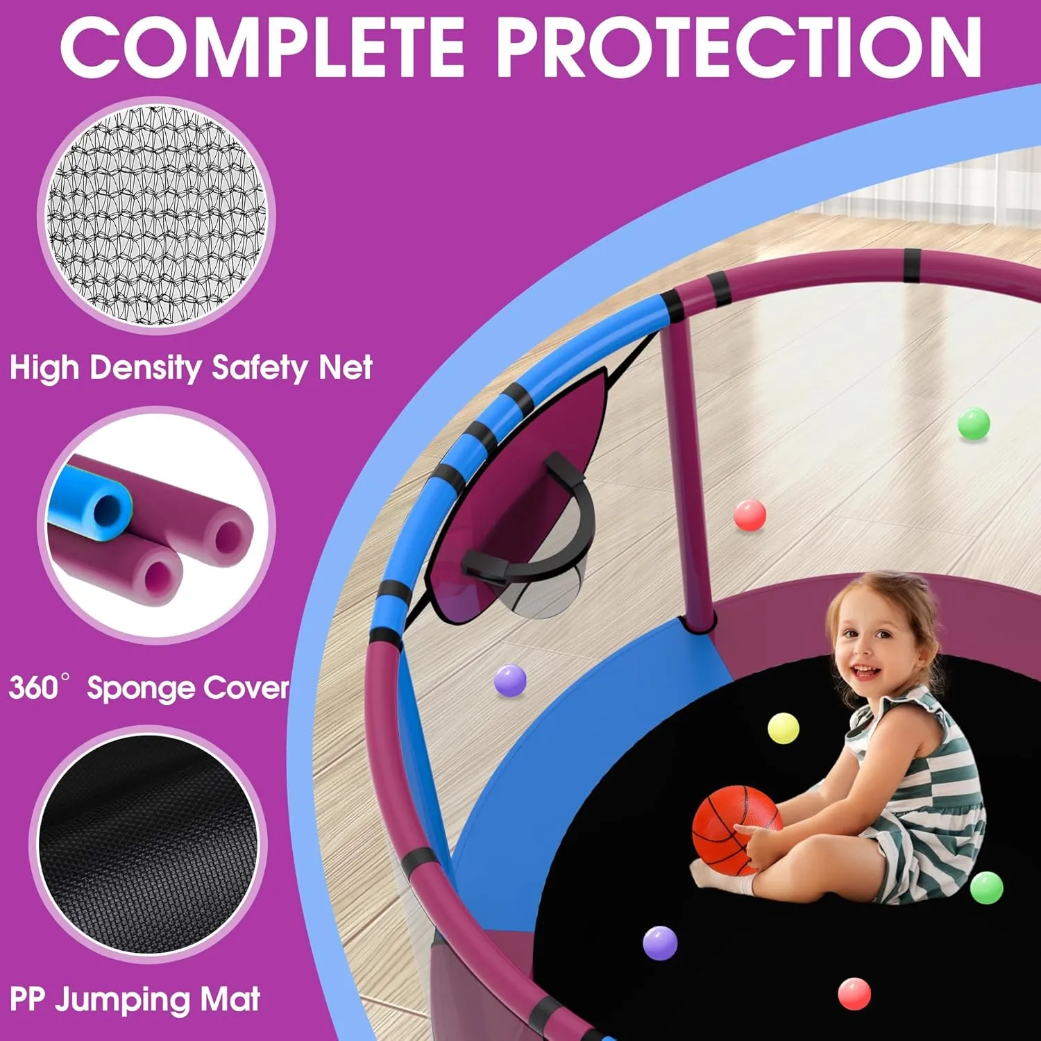 54"/60''/66" Mini Trampoline for Kids Ages 3 , 400LBS No-Gap Toddler Trampoline with Net, Swing, Adjustable Gymnastics Bars, Basketball Hoop, Indoor/Outdoor Trampoline, Boys & Girls Gifts Toys