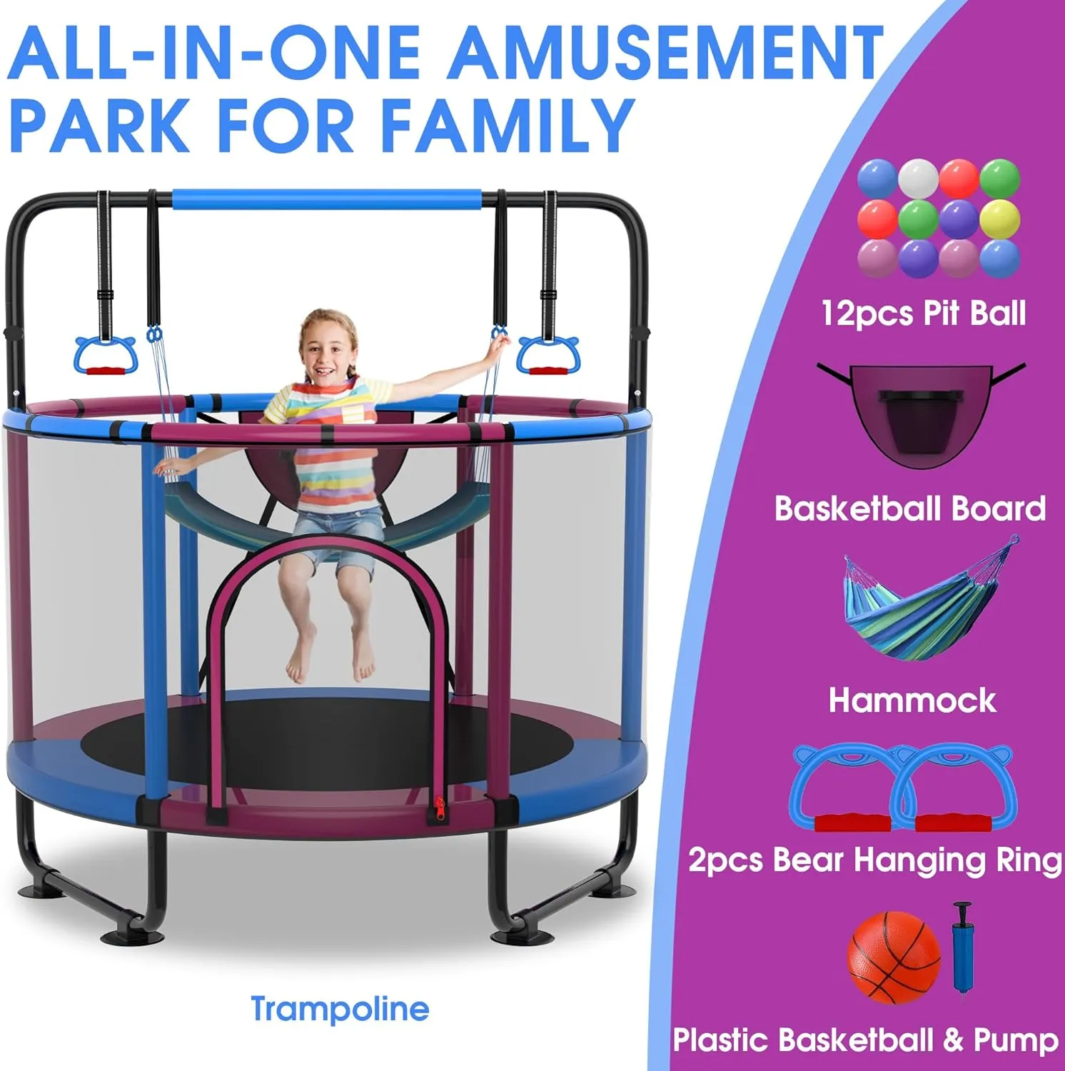 54"/60''/66" Mini Trampoline for Kids Ages 3 , 400LBS No-Gap Toddler Trampoline with Net, Swing, Adjustable Gymnastics Bars, Basketball Hoop, Indoor/Outdoor Trampoline, Boys & Girls Gifts Toys