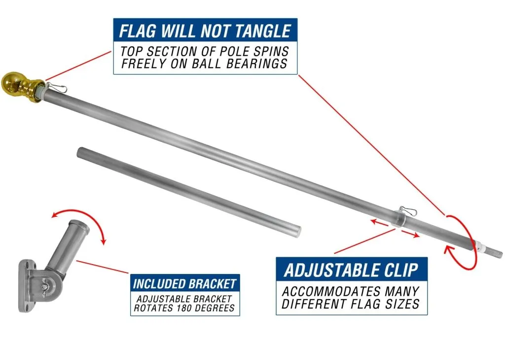 5ft Spinning Stabilizer Flag Pole & Adjustable Bracket Kit (Silver)