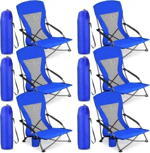 6 Pack Low Beach Chairs for Adult Portable Travel Compact High Back Sling Folding Beach Chair with Cup Holder Carry Bag for Lawn Sand Concerts Outdoor Camping BBQ Picnic Festival(Deep Blue)