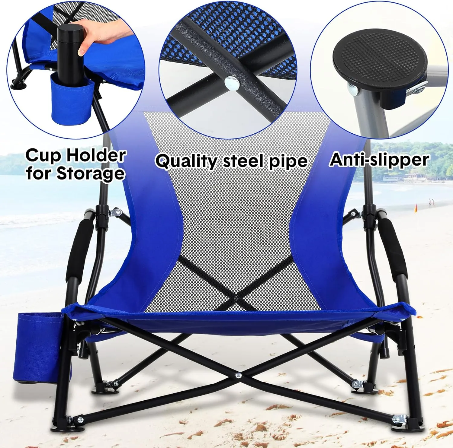 6 Pack Low Beach Chairs for Adult Portable Travel Compact High Back Sling Folding Beach Chair with Cup Holder Carry Bag for Lawn Sand Concerts Outdoor Camping BBQ Picnic Festival(Deep Blue)