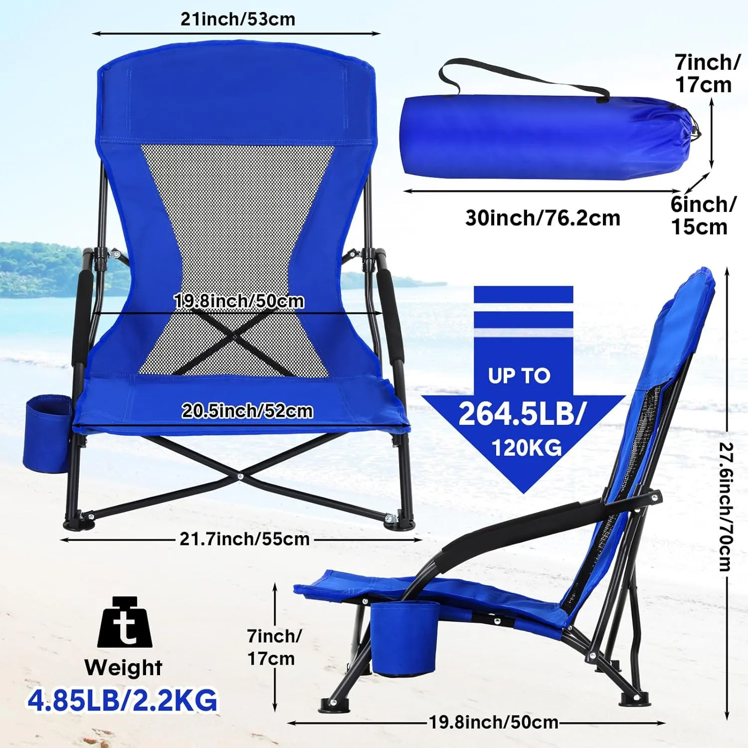 6 Pack Low Beach Chairs for Adult Portable Travel Compact High Back Sling Folding Beach Chair with Cup Holder Carry Bag for Lawn Sand Concerts Outdoor Camping BBQ Picnic Festival(Deep Blue)