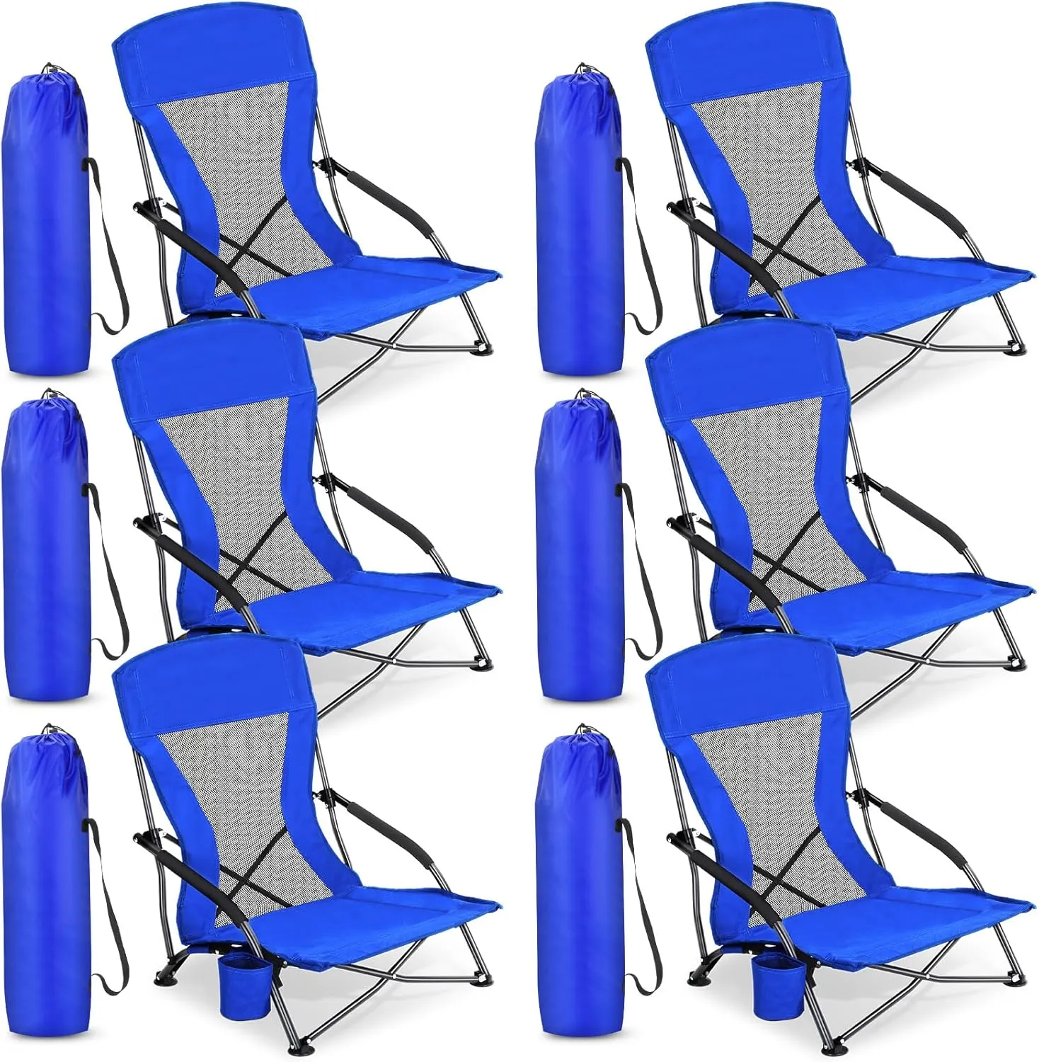6 Pack Low Beach Chairs for Adult Portable Travel Compact High Back Sling Folding Beach Chair with Cup Holder Carry Bag for Lawn Sand Concerts Outdoor Camping BBQ Picnic Festival(Deep Blue)