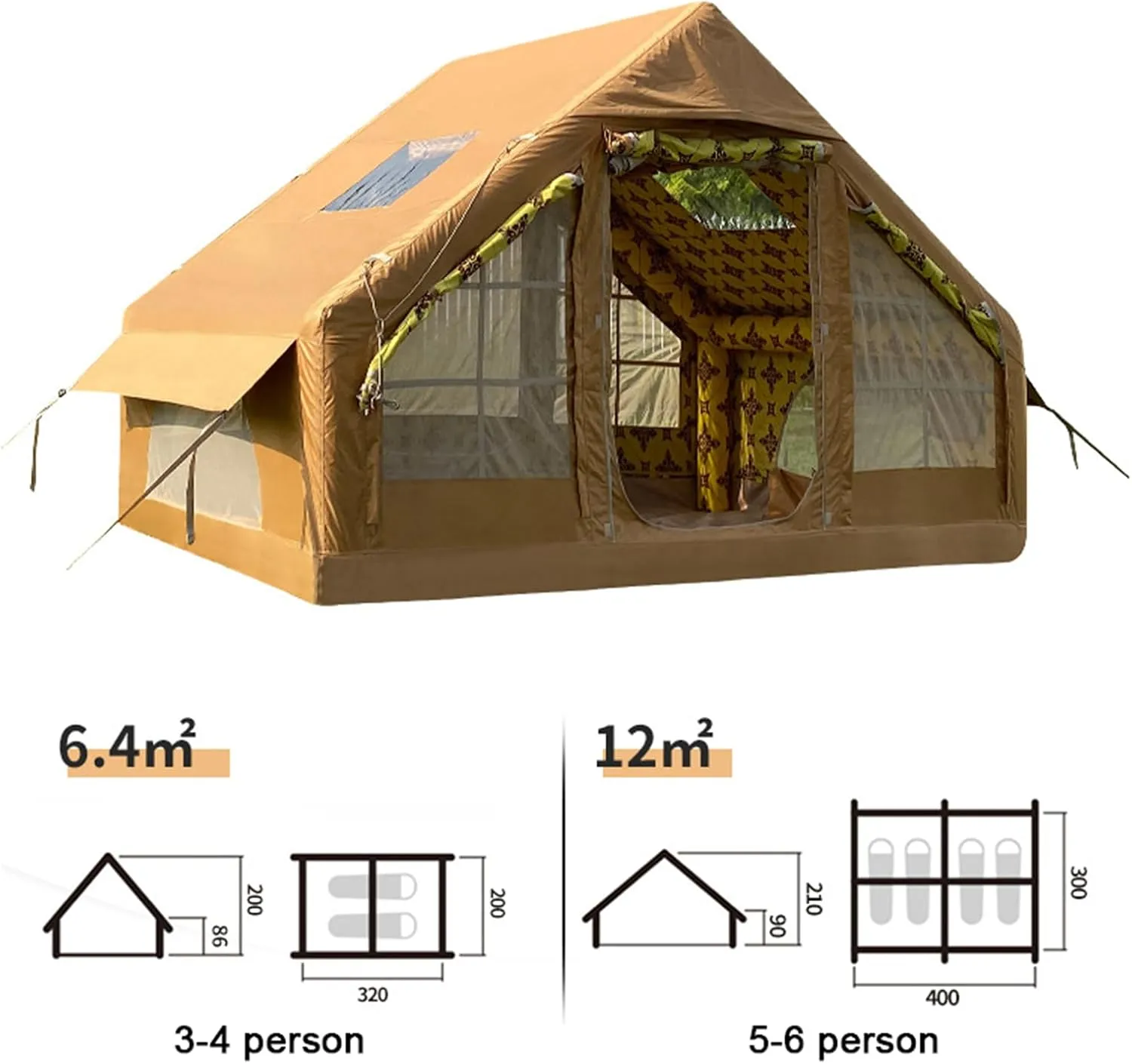 6.4㎡ Inflatable Camping Tent for 3-4 People, Luxury Outdoor Tent for Family Glamping, Outdoor Party, Easy Setup, Waterproof Outdoor Inflatable Tent