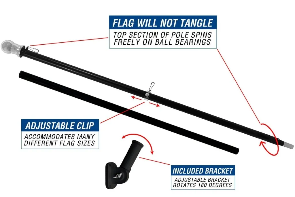 6ft Spinning Stabilizer Flag Pole & Adjustable Bracket Kit (Black)