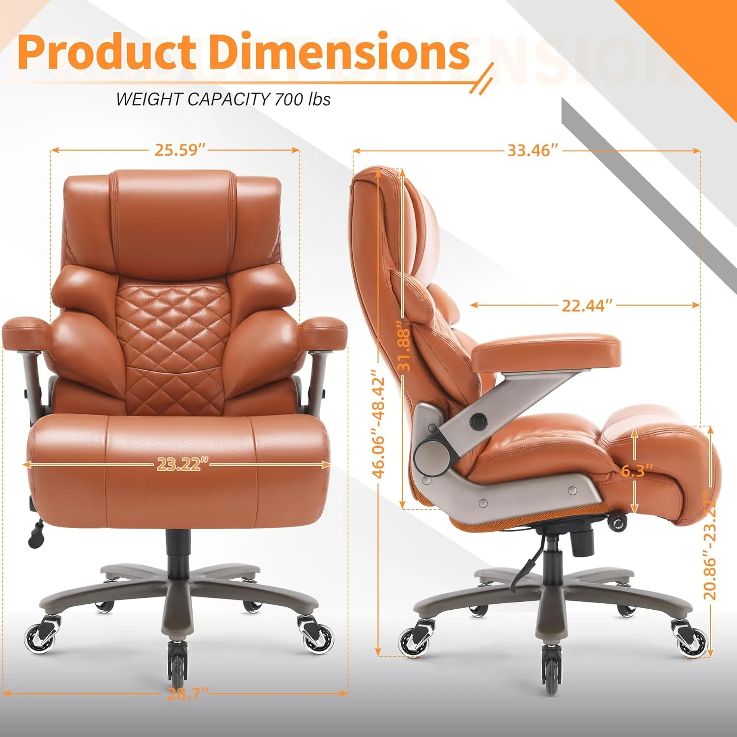 700lbs Big and Tall Office Chair-Large Computer Chair with Adjustable Lumbar Support 3D Flip Arms Plus Size Wheels, High Back Executive Desk Chair, Heavy Duty Metal Base, Thick Padded Wide Seat