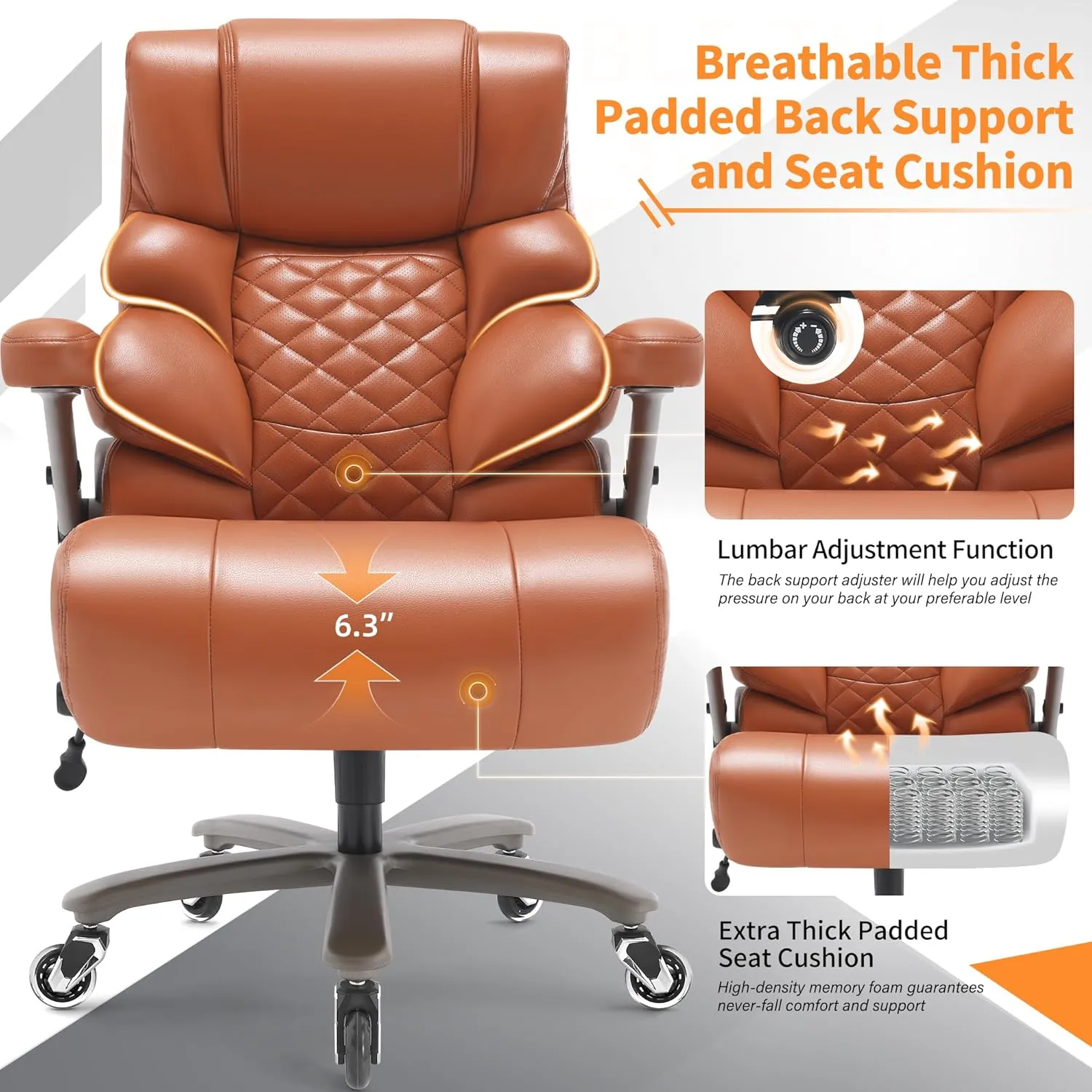 700lbs Big and Tall Office Chair-Large Computer Chair with Adjustable Lumbar Support 3D Flip Arms Plus Size Wheels, High Back Executive Desk Chair, Heavy Duty Metal Base, Thick Padded Wide Seat