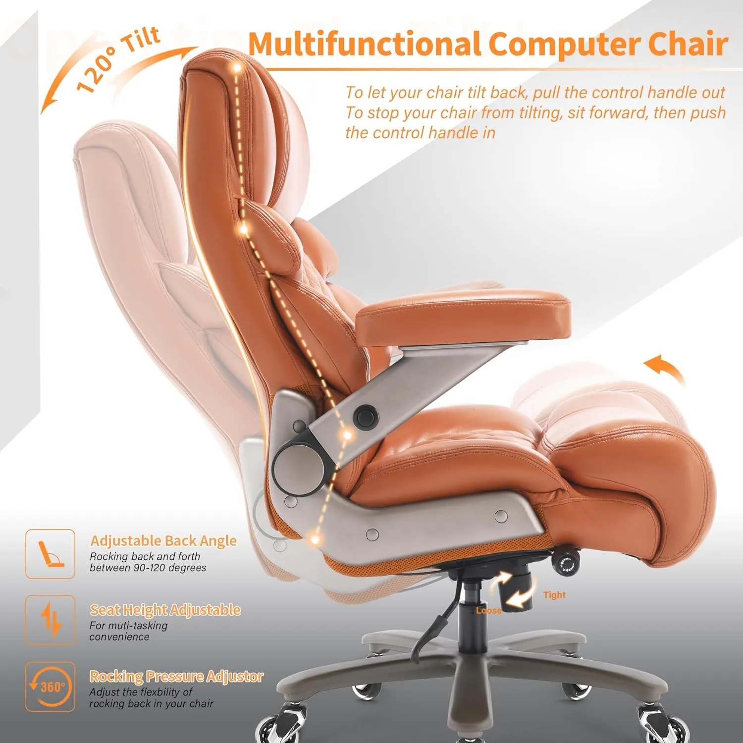 700lbs Big and Tall Office Chair-Large Computer Chair with Adjustable Lumbar Support 3D Flip Arms Plus Size Wheels, High Back Executive Desk Chair, Heavy Duty Metal Base, Thick Padded Wide Seat