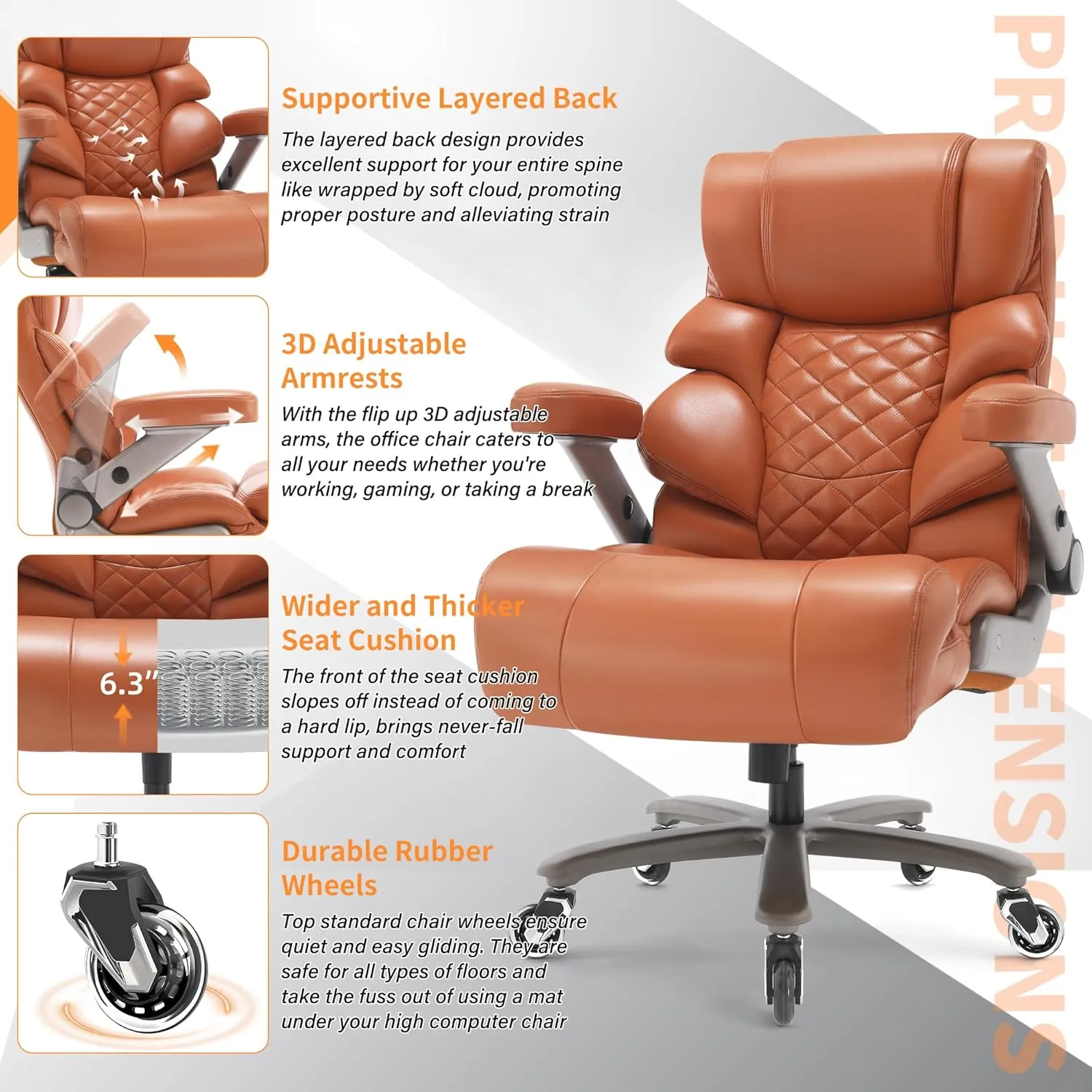 700lbs Big and Tall Office Chair-Large Computer Chair with Adjustable Lumbar Support 3D Flip Arms Plus Size Wheels, High Back Executive Desk Chair, Heavy Duty Metal Base, Thick Padded Wide Seat