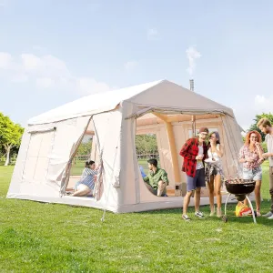 8-10 Person Inflatable Tents for Camping with 2 Divider Room, Waterproof 300D Oxford Blow Up Hot Tent with Stove Jack & Pump, Easy Setup Inflatable Camping Air Tent with Skylight for Family Glamping