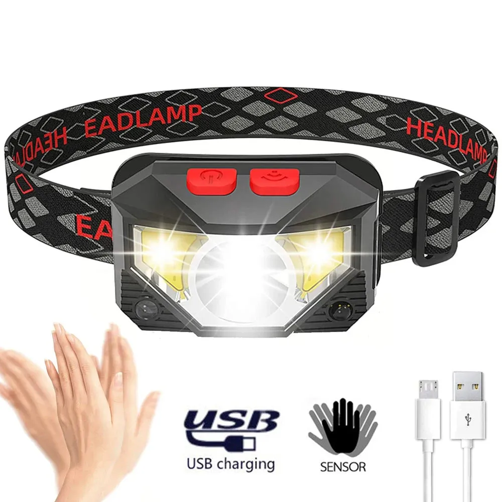 8 Modes Motion Sensor XPE COB LED Headlamp, USB Rechargeable, Waterproof, 180° Beam Angle, for Camping, Running, Fishing