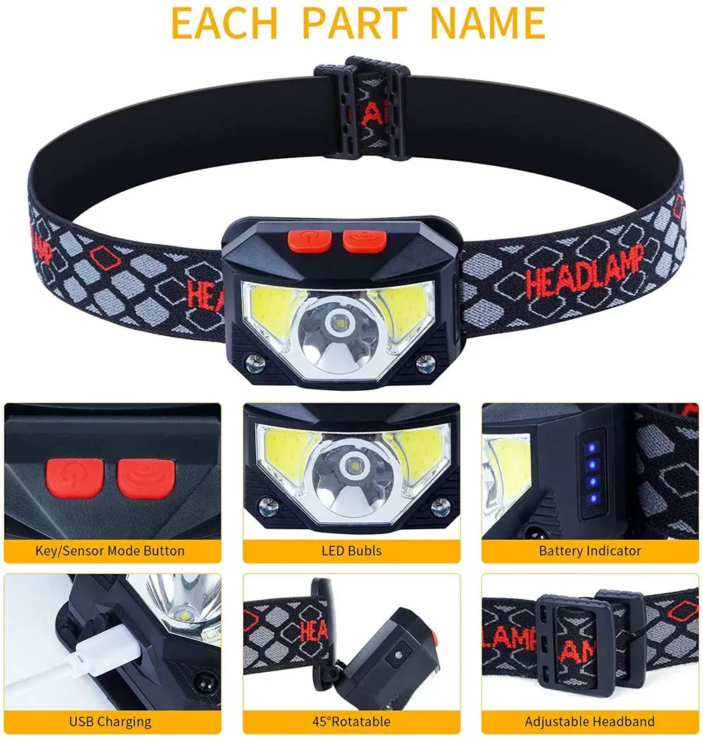 8 Modes Motion Sensor XPE COB LED Headlamp, USB Rechargeable, Waterproof, 180° Beam Angle, for Camping, Running, Fishing