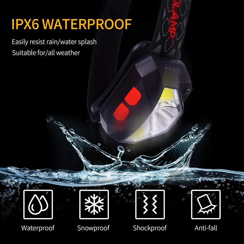 8 Modes Motion Sensor XPE COB LED Headlamp, USB Rechargeable, Waterproof, 180° Beam Angle, for Camping, Running, Fishing
