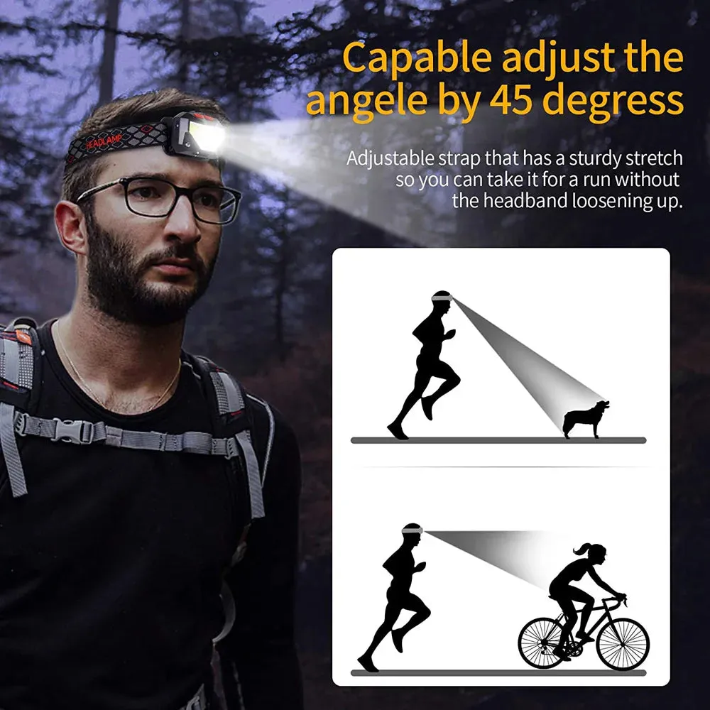 8 Modes Motion Sensor XPE COB LED Headlamp, USB Rechargeable, Waterproof, 180° Beam Angle, for Camping, Running, Fishing