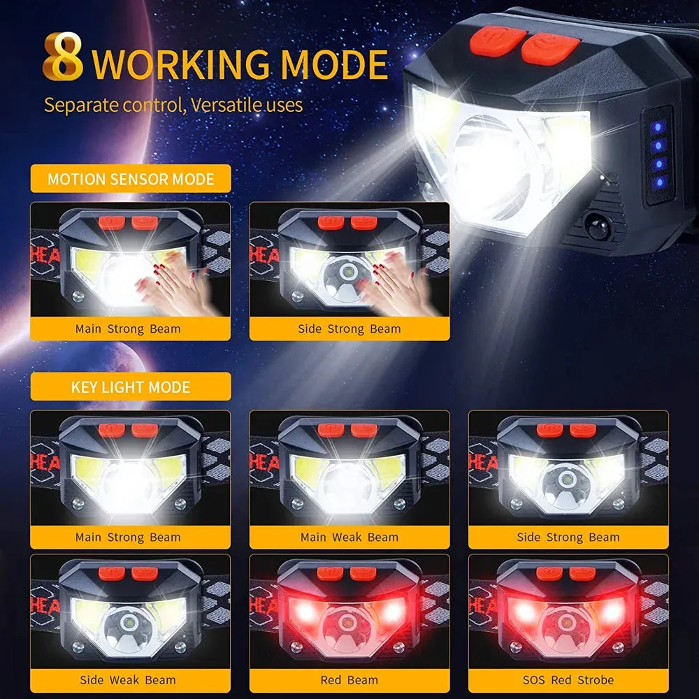 8 Modes Motion Sensor XPE COB LED Headlamp, USB Rechargeable, Waterproof, 180° Beam Angle, for Camping, Running, Fishing