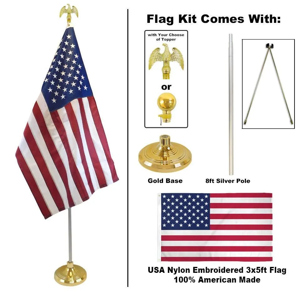 8ft Silver Indoor Pole and American Made USA Flag Kit