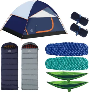 9 Pcs Camping Set,Include 1 Camp Tent,2 Sleeping Bag,2 Sleeping Pad/Camping Mat,2 Single Camping Hammock with 2 Tree Straps,2 Lightweight Bed Blanket for Family Outdoor Activities