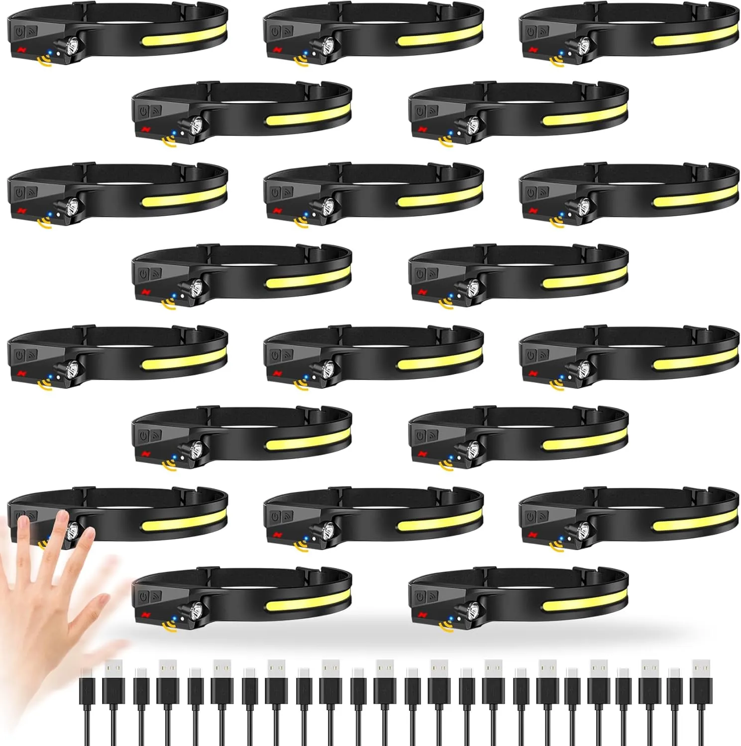 96Pcs Rechargeable Headlamp, 1000 Lumen Headlamp for Adults, 230°Bright Beam Headlamp & Spotlight, Motion Sensor, 6 Modes Lightweight Head Lamps for Camping Running Cycling, Black-96pack