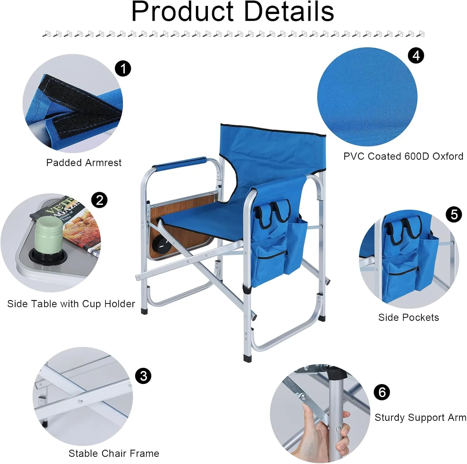 ABCCANOPY Folding Directors Chair Outdoor Camping Chair Makeup Artist Chair with Side Table & Pockets, Royal Blue