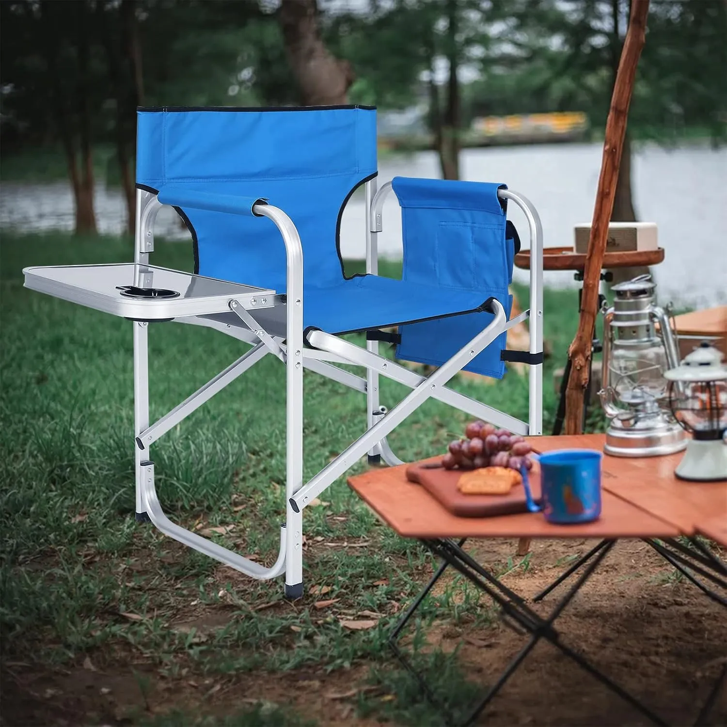ABCCANOPY Folding Directors Chair Outdoor Camping Chair Makeup Artist Chair with Side Table & Pockets, Royal Blue