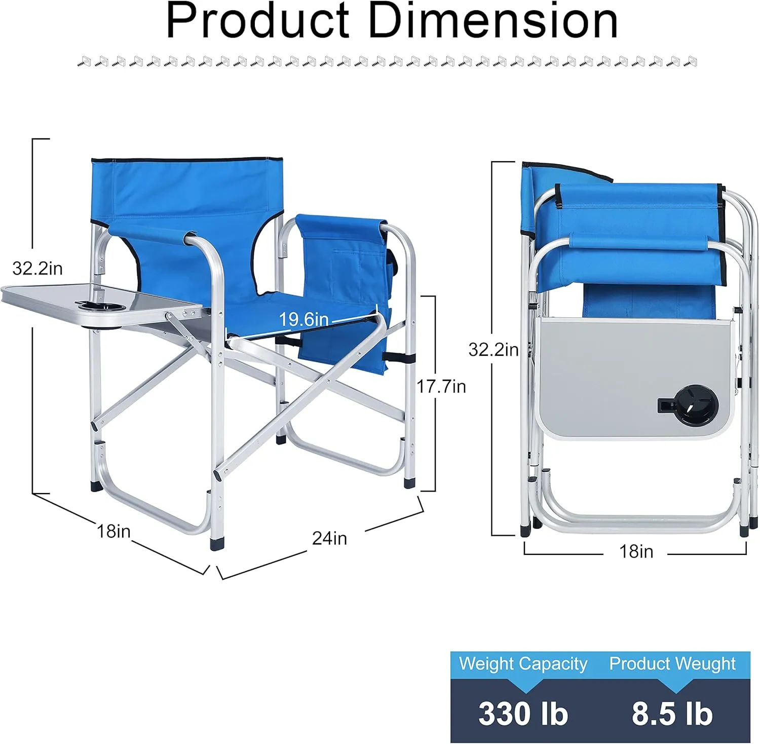 ABCCANOPY Folding Directors Chair Outdoor Camping Chair Makeup Artist Chair with Side Table & Pockets, Royal Blue