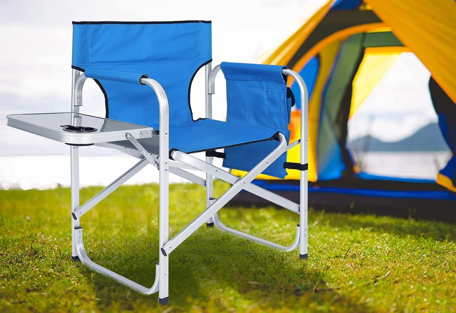 ABCCANOPY Folding Directors Chair Outdoor Camping Chair Makeup Artist Chair with Side Table & Pockets, Royal Blue